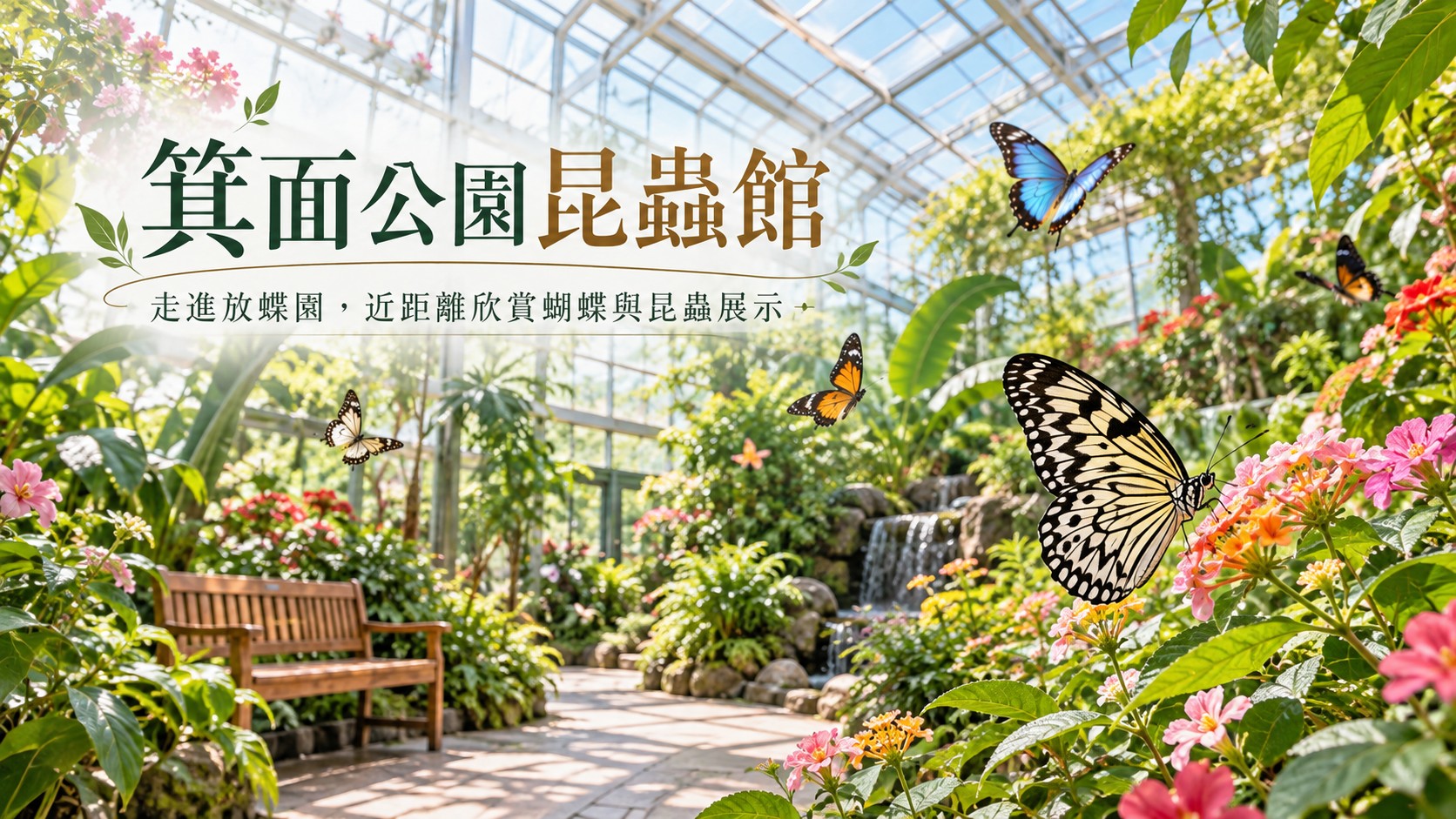 箕面公園昆蟲館特色圖：玻璃屋頂的放蝶園溫室內有步道、木長椅、熱帶植物與飛舞的蝴蝶，標題為「箕面公園昆蟲館」，副標為「走進放蝶園，近距離欣賞蝴蝶與昆蟲展示」