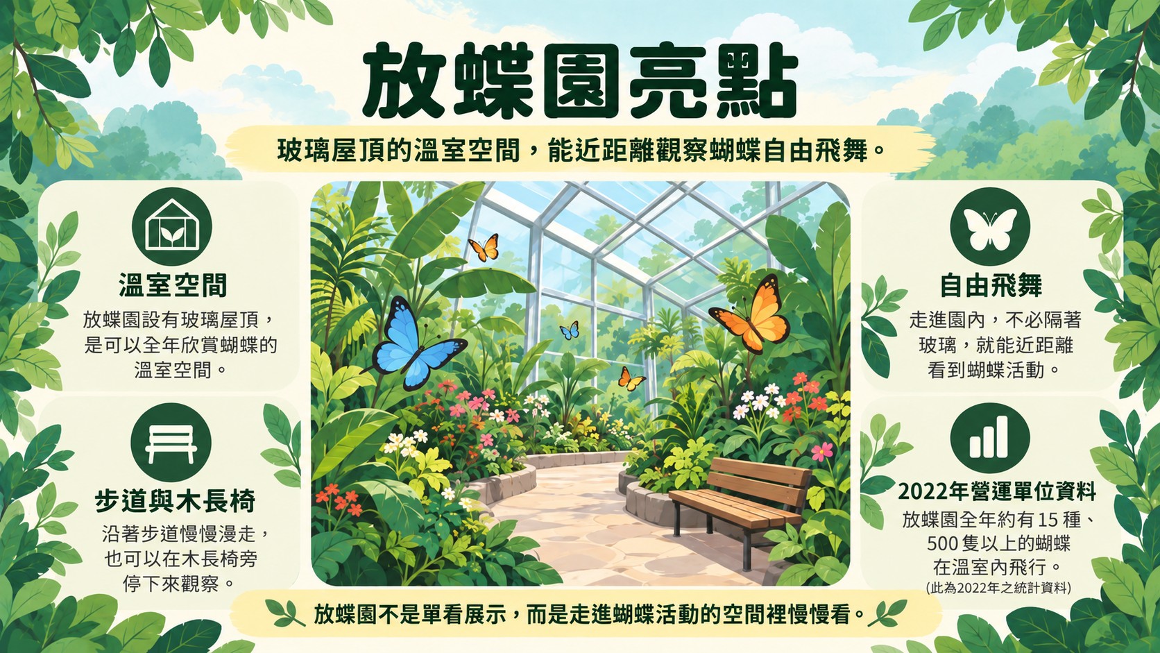 放蝶園亮點卡：玻璃屋頂溫室、步道與木長椅、蝴蝶自由飛舞，並標示 2022 年營運單位資料約 15 種、500 隻以上蝴蝶