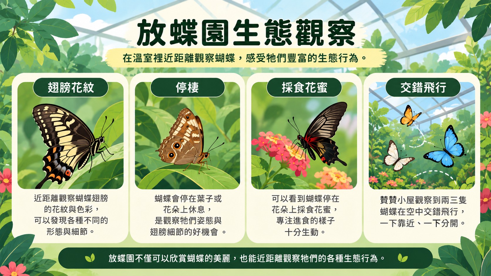 放蝶園生態觀察卡：翅膀花紋、停棲、採食花蜜與兩三隻蝴蝶交錯飛行四個觀察重點