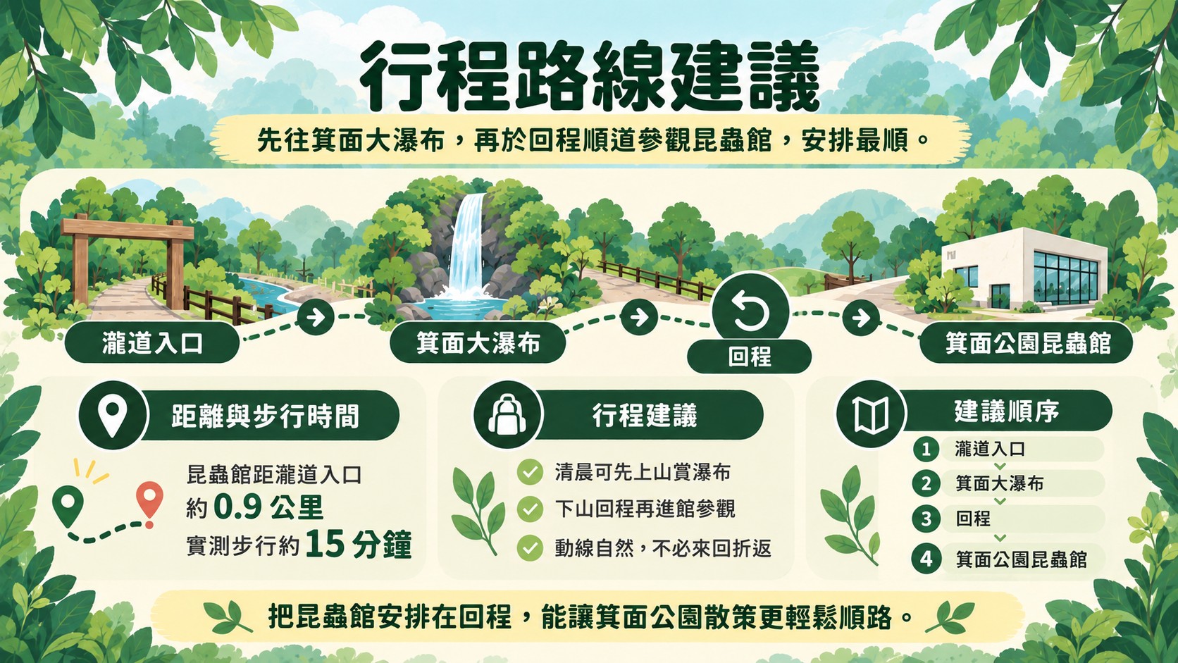 行程路線卡：昆蟲館距瀧道入口約 0.9 公里、實測步行約 15 分鐘，建議先到箕面大瀑布、回程再參觀昆蟲館