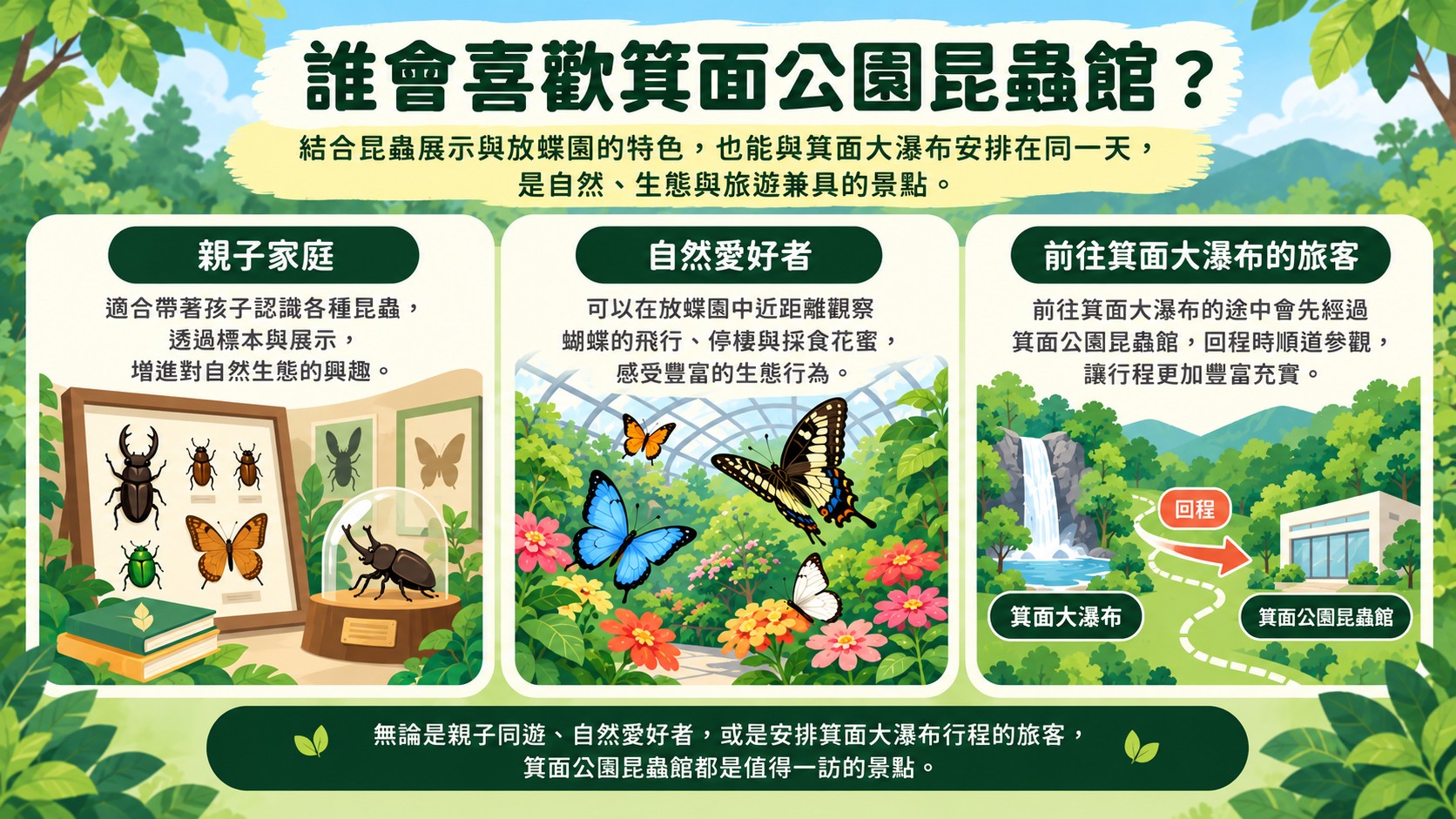 參觀價值整理卡:親子家庭可認識昆蟲與標本,自然愛好者可在放蝶園觀察蝴蝶,前往箕面大瀑布的旅客可回程順道參觀