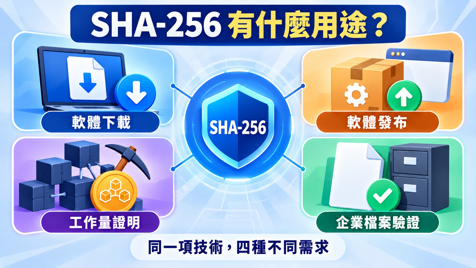 SHA-256 特色圖：中央 SHA-256 盾牌連向軟體下載、軟體發布、工作量證明與企業檔案驗證四個應用場景，標題為「SHA-256 有什麼用途？」，副標為「同一項技術，四種不同需求」
