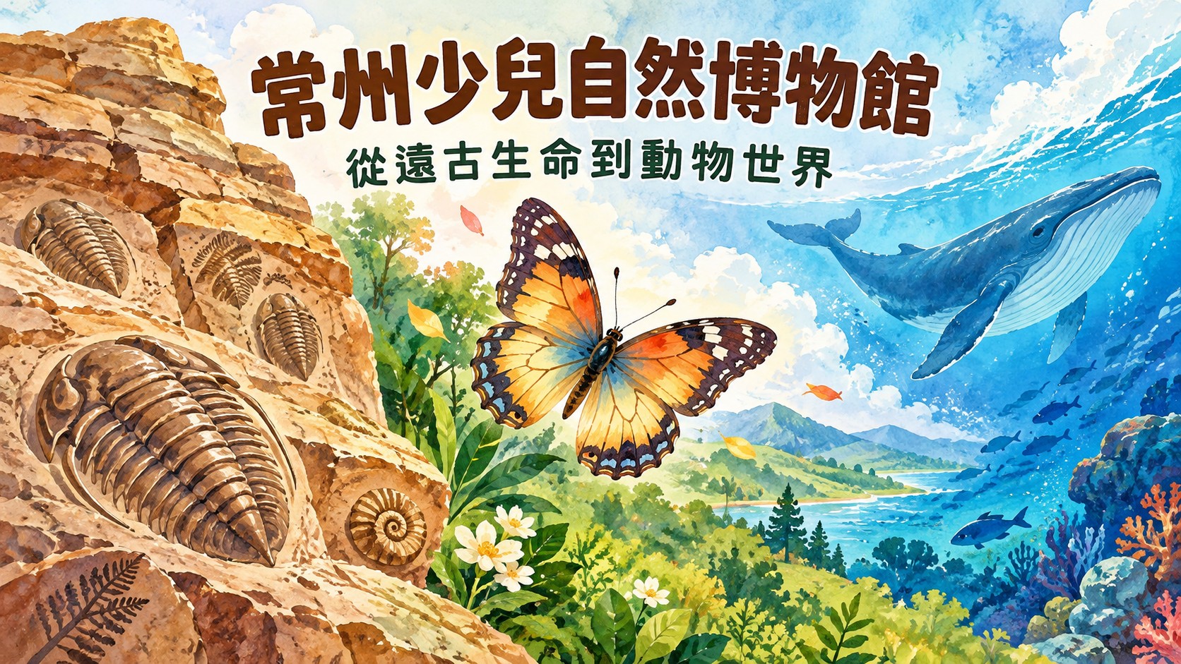 常州少兒自然博物館特色圖：水彩插畫描繪三葉蟲化石岩層、蝴蝶、鯨魚與丘陵海岸，標題為「常州少兒自然博物館」與「從遠古生命到動物世界」
