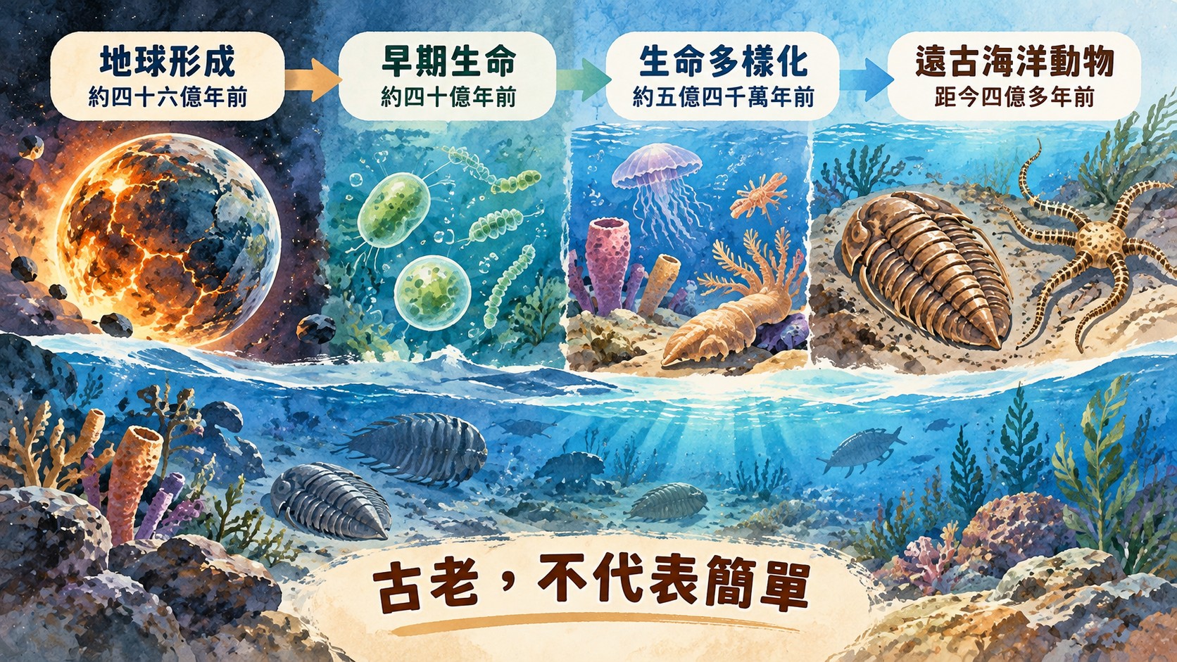 遠古生命時間線知識卡：地球形成、早期生命、生命多樣化與遠古海洋動物，標語為「古老，不代表簡單」