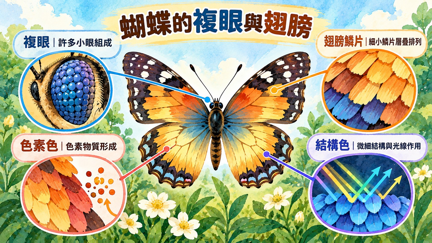 蝴蝶知識卡：複眼由許多小眼組成、翅膀鱗片層疊排列、色素色與結構色