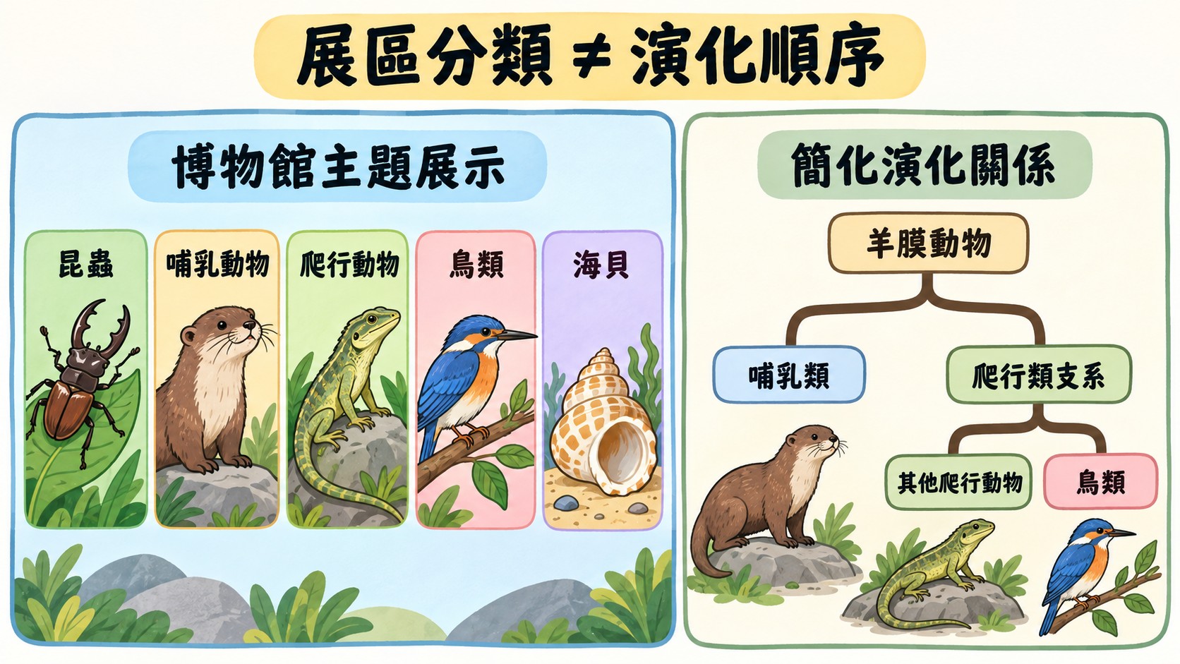 比較卡：左側為博物館的主題式動物展示，右側為簡化的羊膜動物演化關係，標題為「展區分類 ≠ 演化順序」
