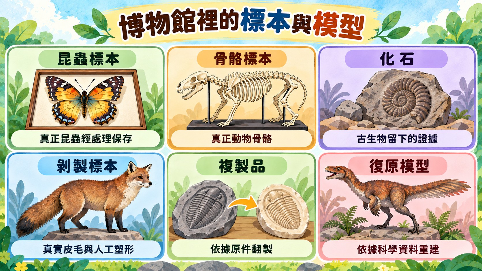 比較卡：昆蟲標本、骨骼標本、化石、剝製標本、複製品與復原模型的差別