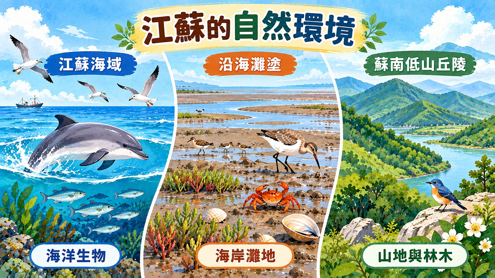 知識卡：江蘇的自然環境，並列江蘇海域、沿海灘塗與蘇南低山丘陵