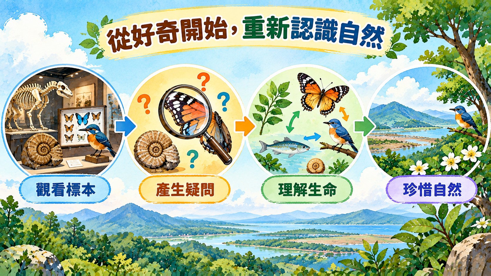 總結卡:從好奇開始重新認識自然,依序為觀看標本、產生疑問、理解生命、珍惜自然