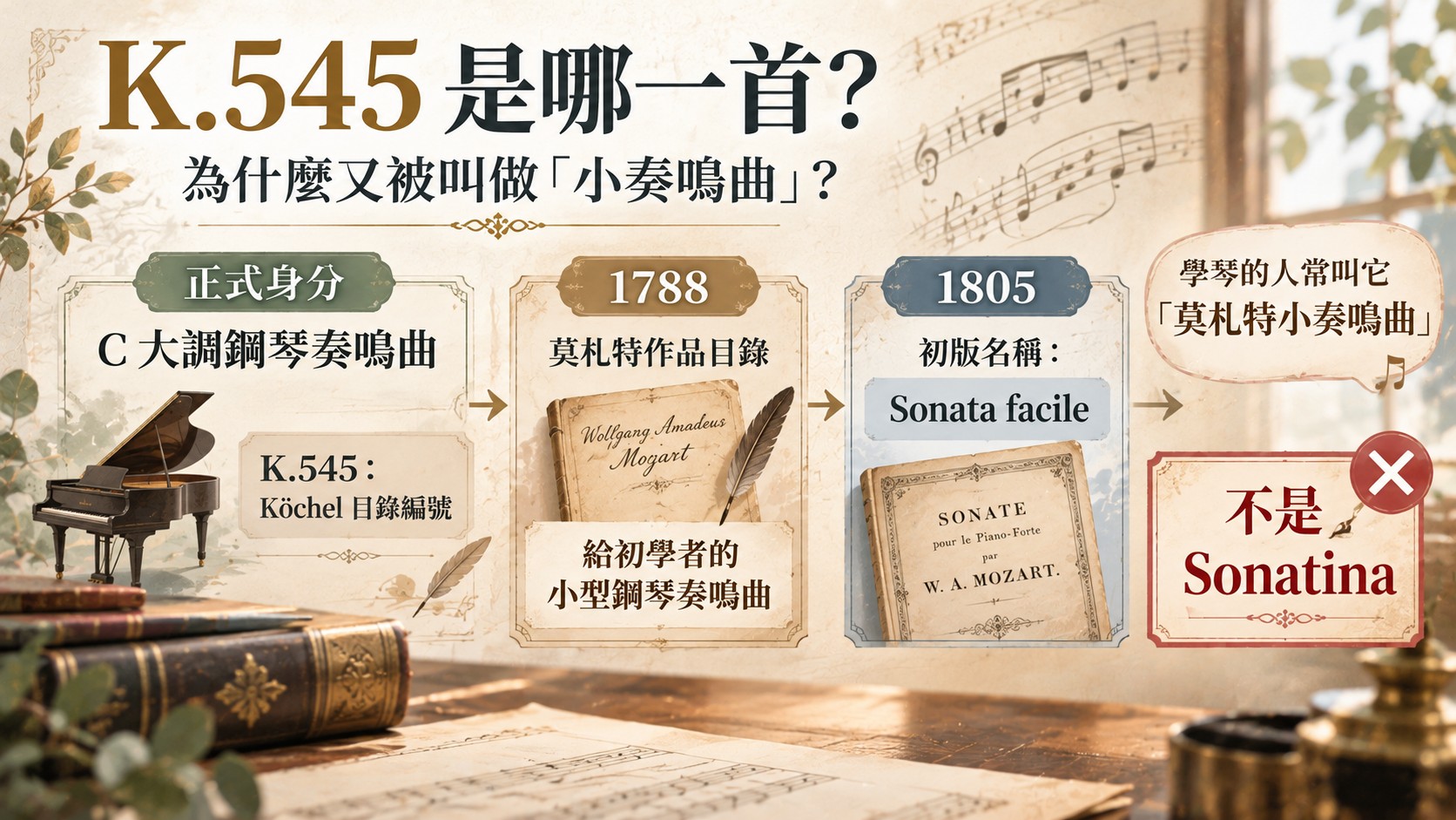 知識卡：K.545 是哪一首？正式身分是 C 大調鋼琴奏鳴曲，1788 年莫札特作品目錄記為給初學者的小型鋼琴奏鳴曲，1805 年初版名為 Sonata facile，不是 Sonatina