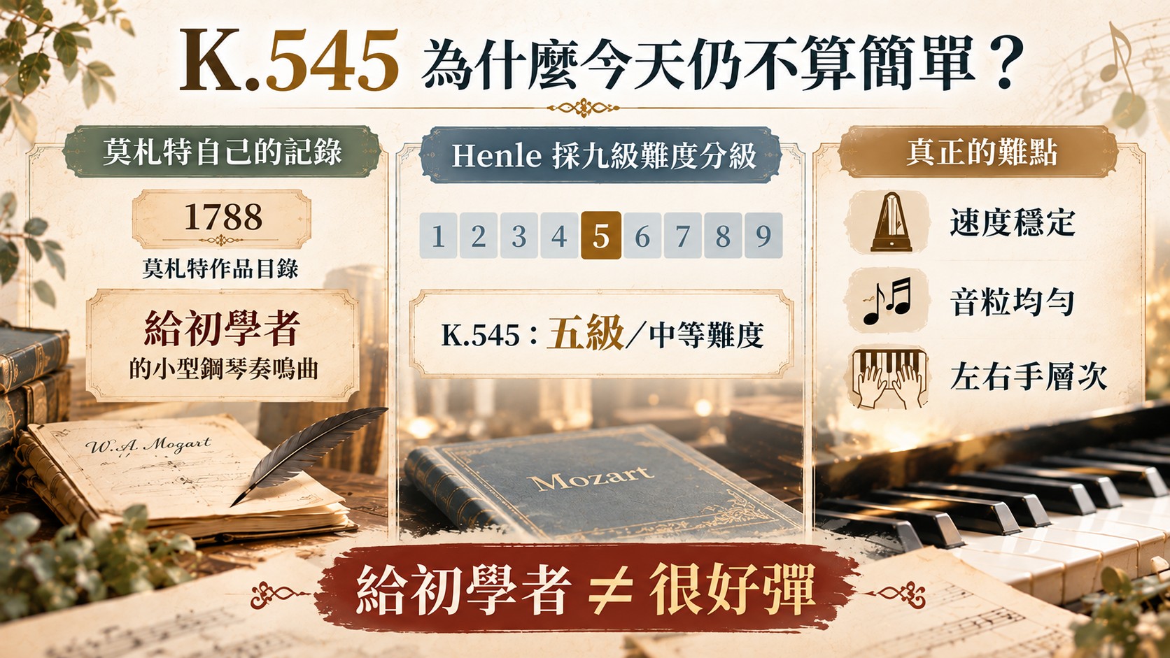 比較卡：K.545 為什麼今天仍不算簡單？莫札特記為給初學者，Henle 九級分級列為五級中等難度，真正的難點是速度穩定、音粒均勻與左右手層次