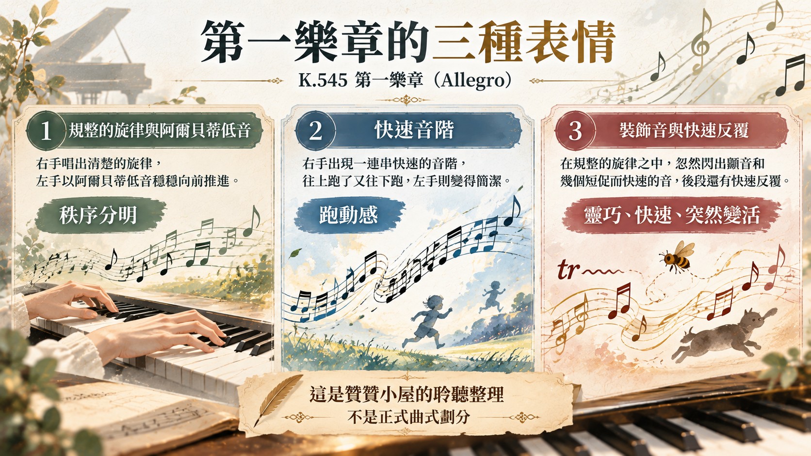 音樂主題整理卡：第一樂章的三種表情，規整的旋律與阿爾貝蒂低音、快速音階、裝飾音與快速反覆，是贊贊小屋的聆聽整理而不是正式曲式劃分