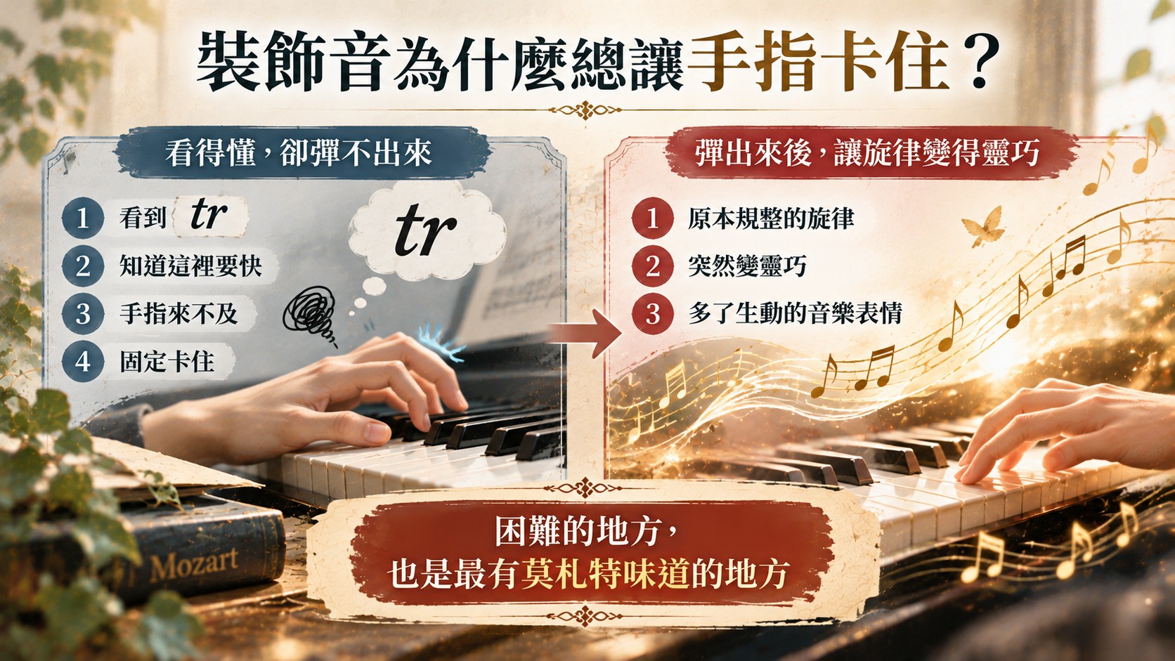 體驗整理卡：裝飾音為什麼總讓手指卡住，看得懂 tr 記號卻彈不出來，彈出來後旋律變得靈巧