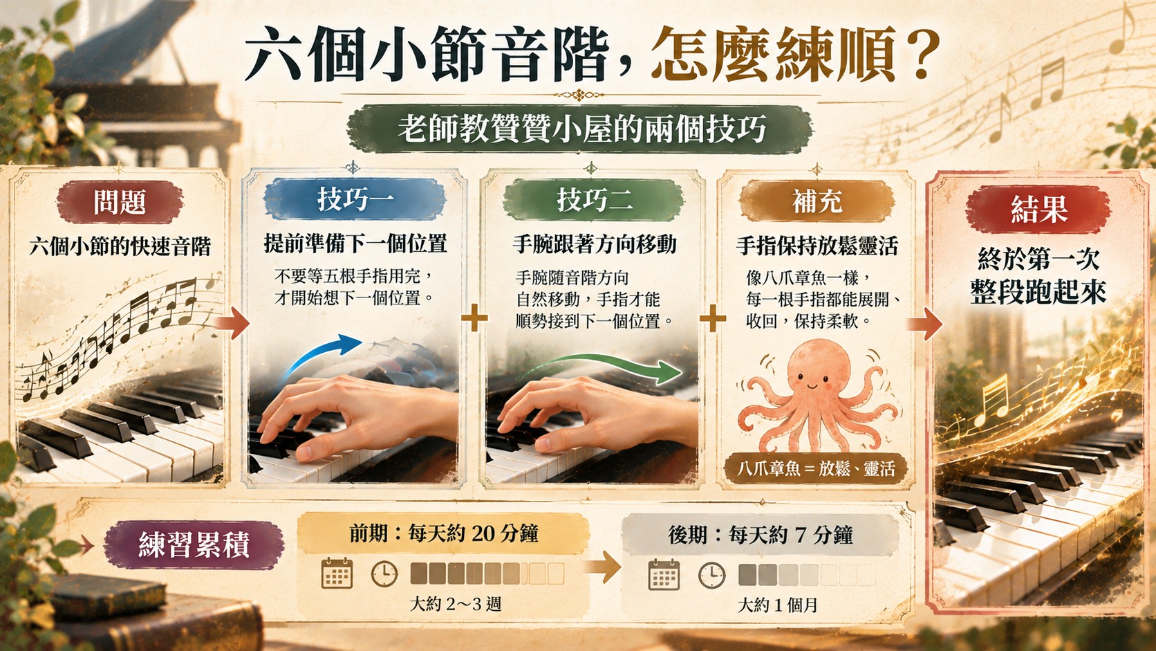 流程卡：六個小節音階怎麼練順，提前準備下一個位置、手腕跟著方向移動、手指保持放鬆，前期每天約 20 分鐘，後期每天約 7 分鐘