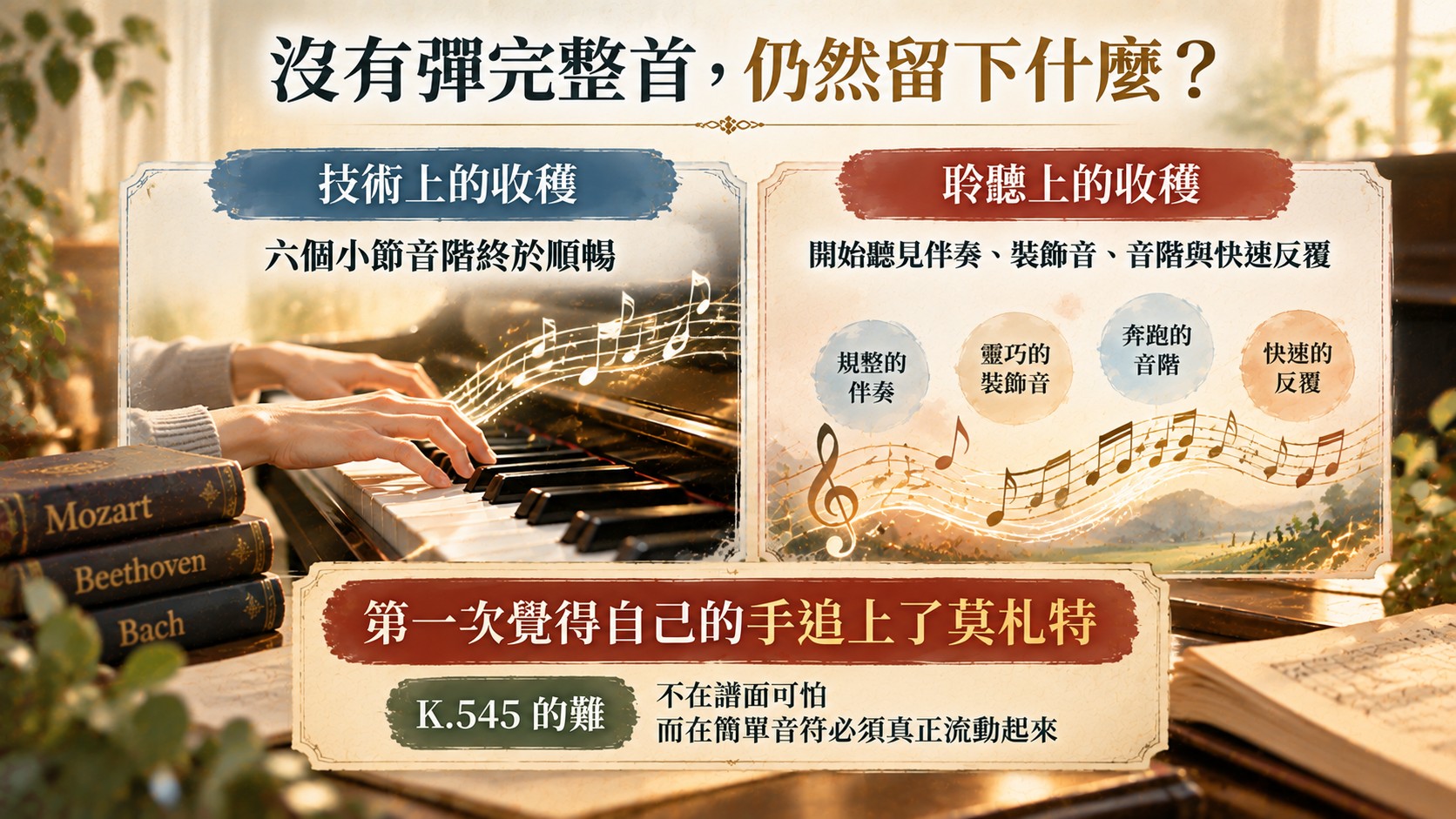 總結卡:沒有彈完整首仍留下技術上的收穫與聆聽上的收穫,第一次覺得自己的手追上了莫札特