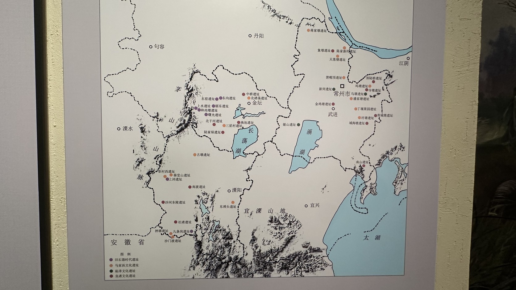 史前常州遺址分布圖，以不同顏色標示舊石器時代與馬家浜、崧澤、良渚文化遺址