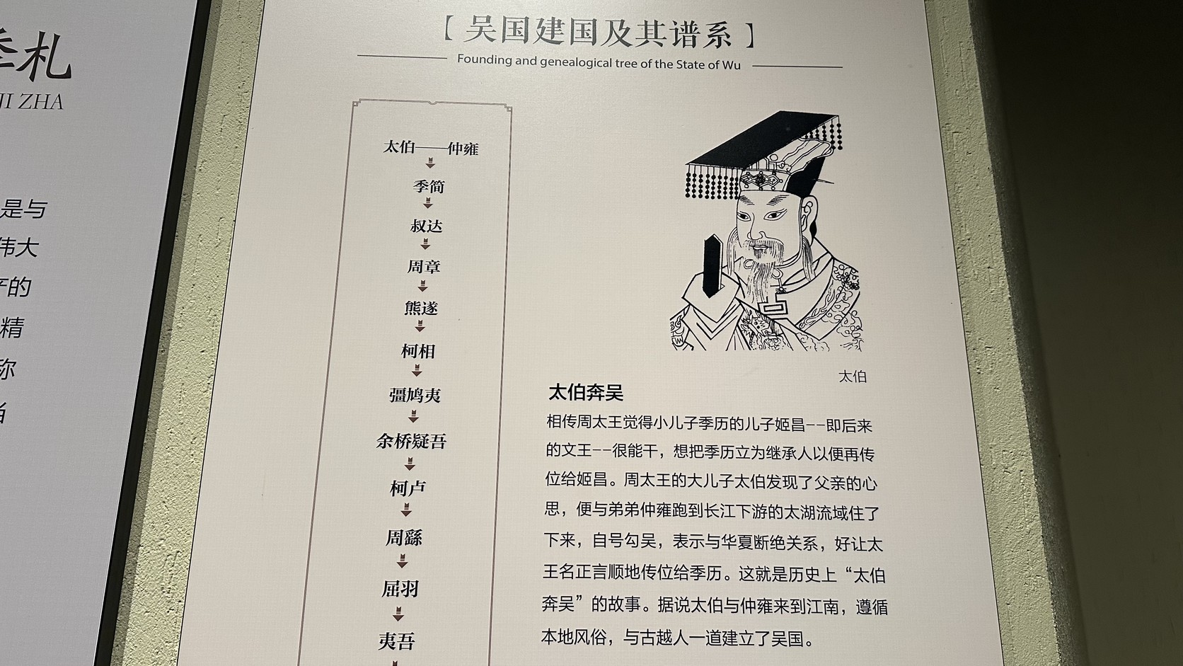 「吳國建國及其譜系」展板，介紹太伯奔吳傳說與吳國世系