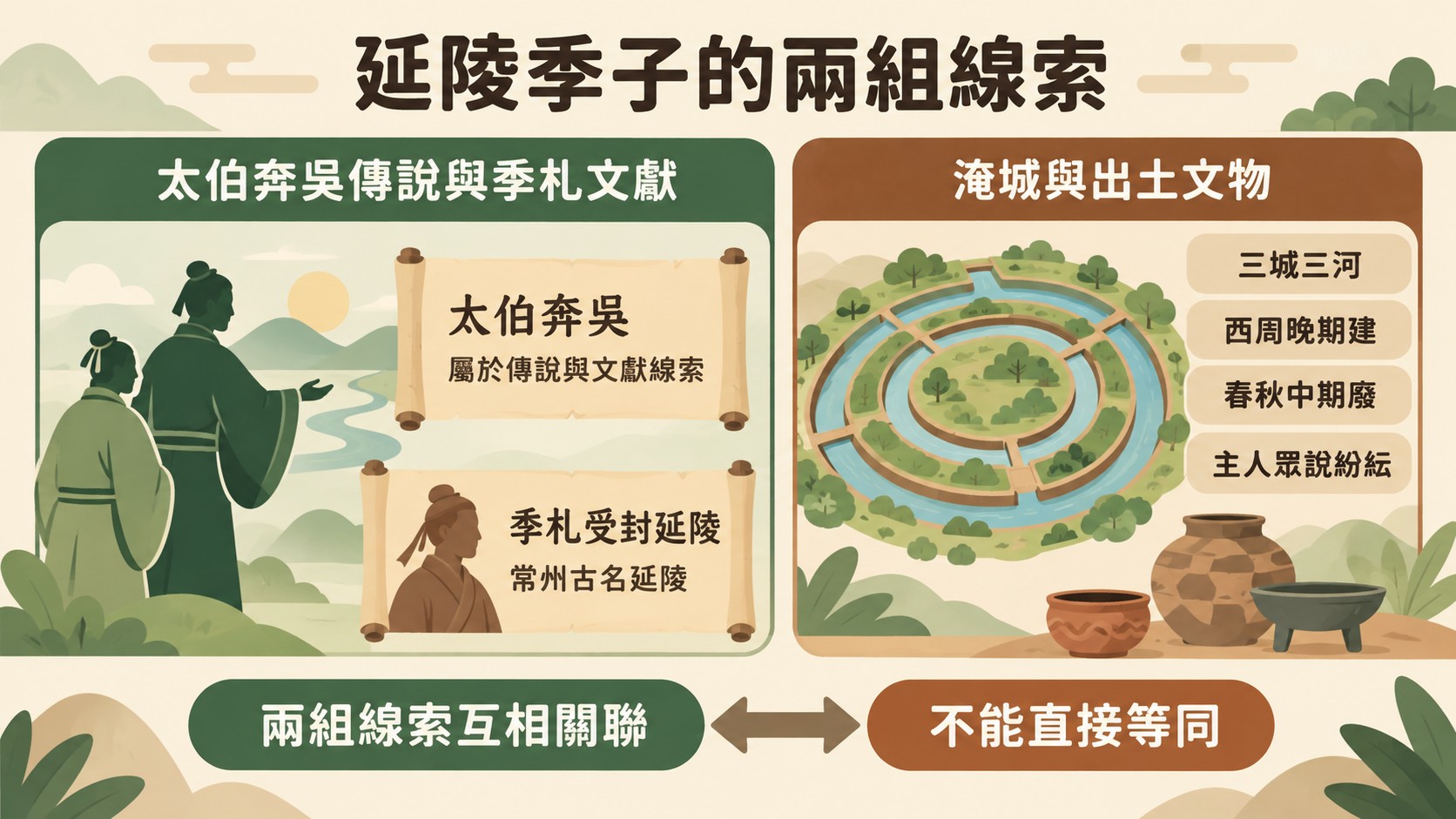知識卡：延陵季子的兩組線索，太伯奔吳傳說與季札文獻、淹城與出土文物，互相關聯但不能直接等同