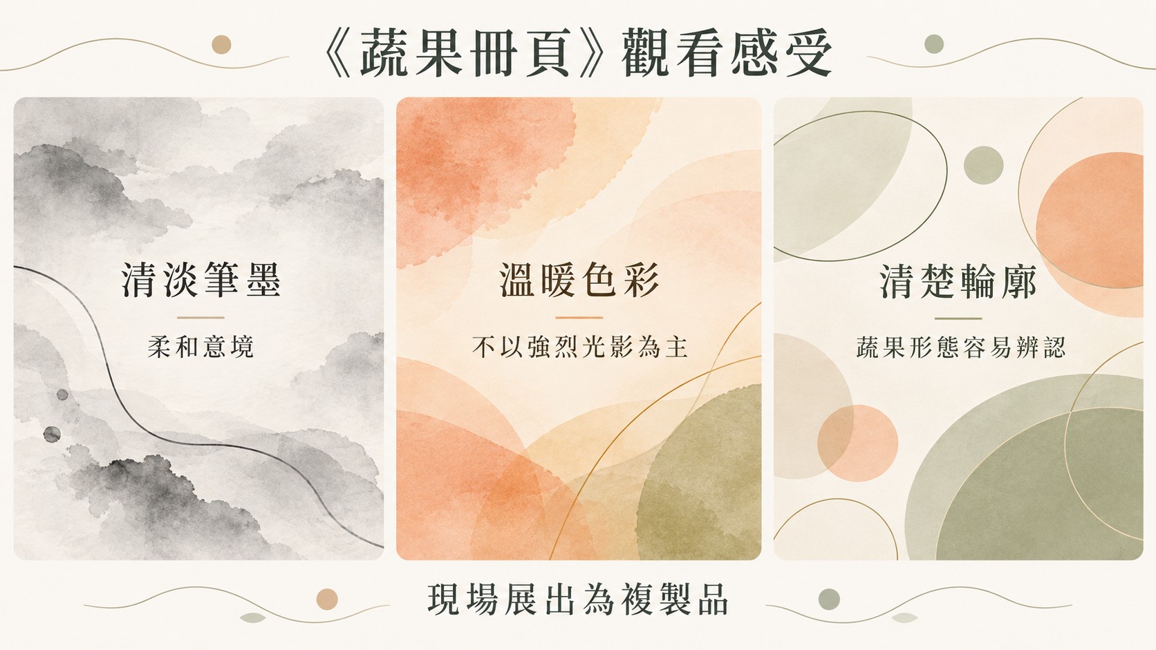 體驗整理卡：《蔬果冊頁》觀看感受，清淡筆墨、溫暖色彩與清楚輪廓，現場展出為複製品