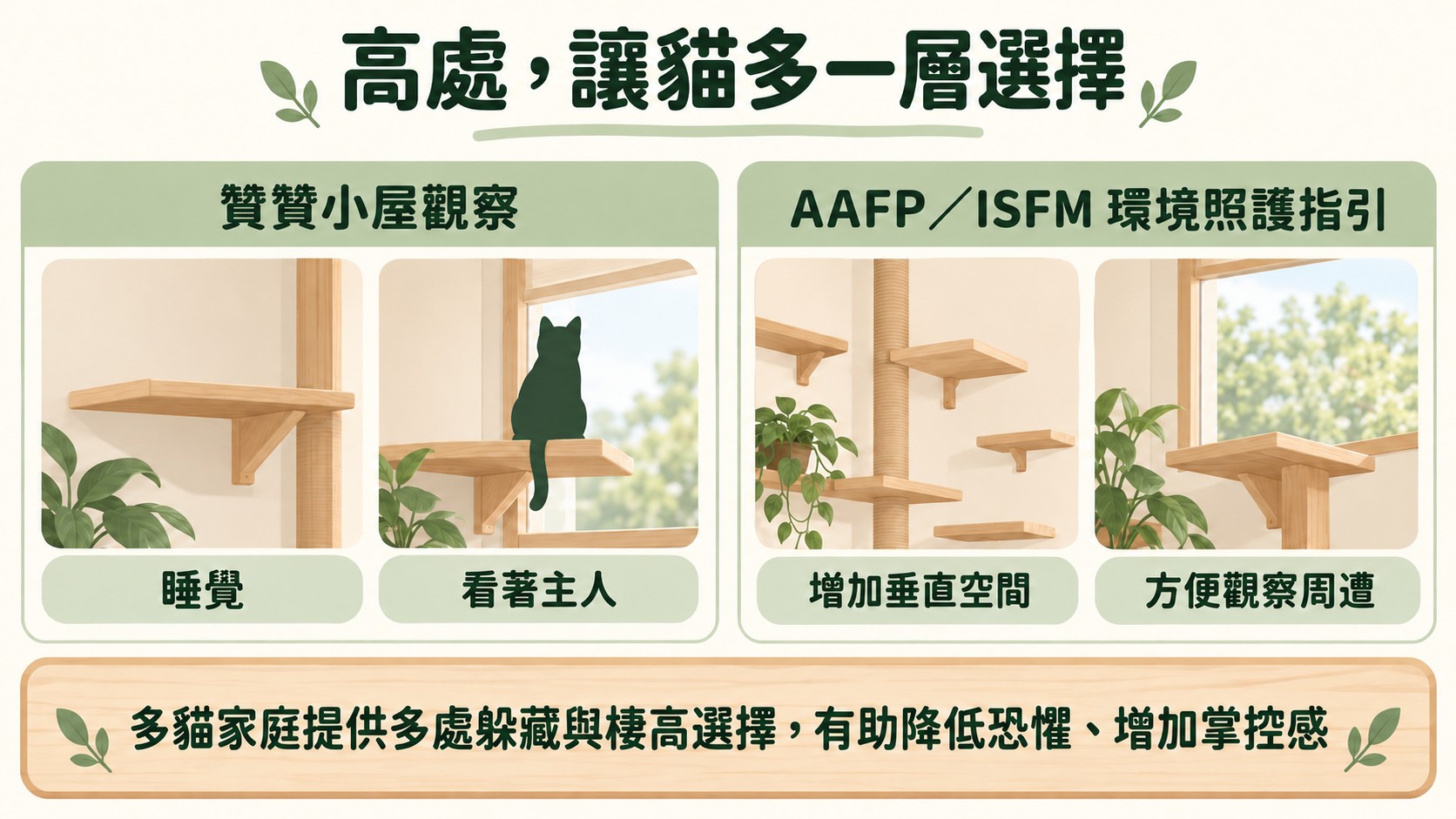 知識卡：高處，讓貓多一層選擇。贊贊小屋觀察到貓會在高處睡覺、看著主人；AAFP／ISFM 環境照護指引提到高處增加垂直空間、方便觀察周遭，多貓家庭提供多處躲藏與棲高選擇有助降低恐懼、增加掌控感