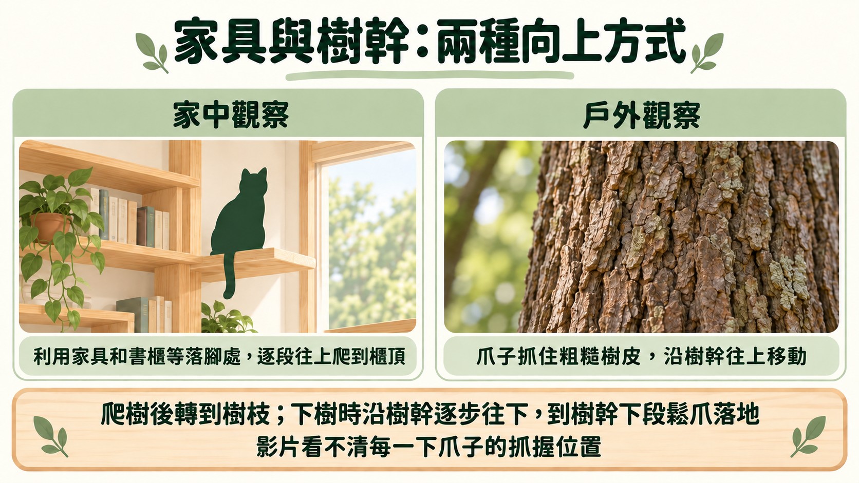 比較卡：家具與樹幹兩種向上方式。家中利用家具和書櫃等落腳處逐段往上爬到櫃頂，戶外爪子抓住粗糙樹皮沿樹幹往上；影片看到爬樹後轉到樹枝、下樹時沿樹幹往下到下段鬆爪落地，看不清每一下爪子的抓握位置