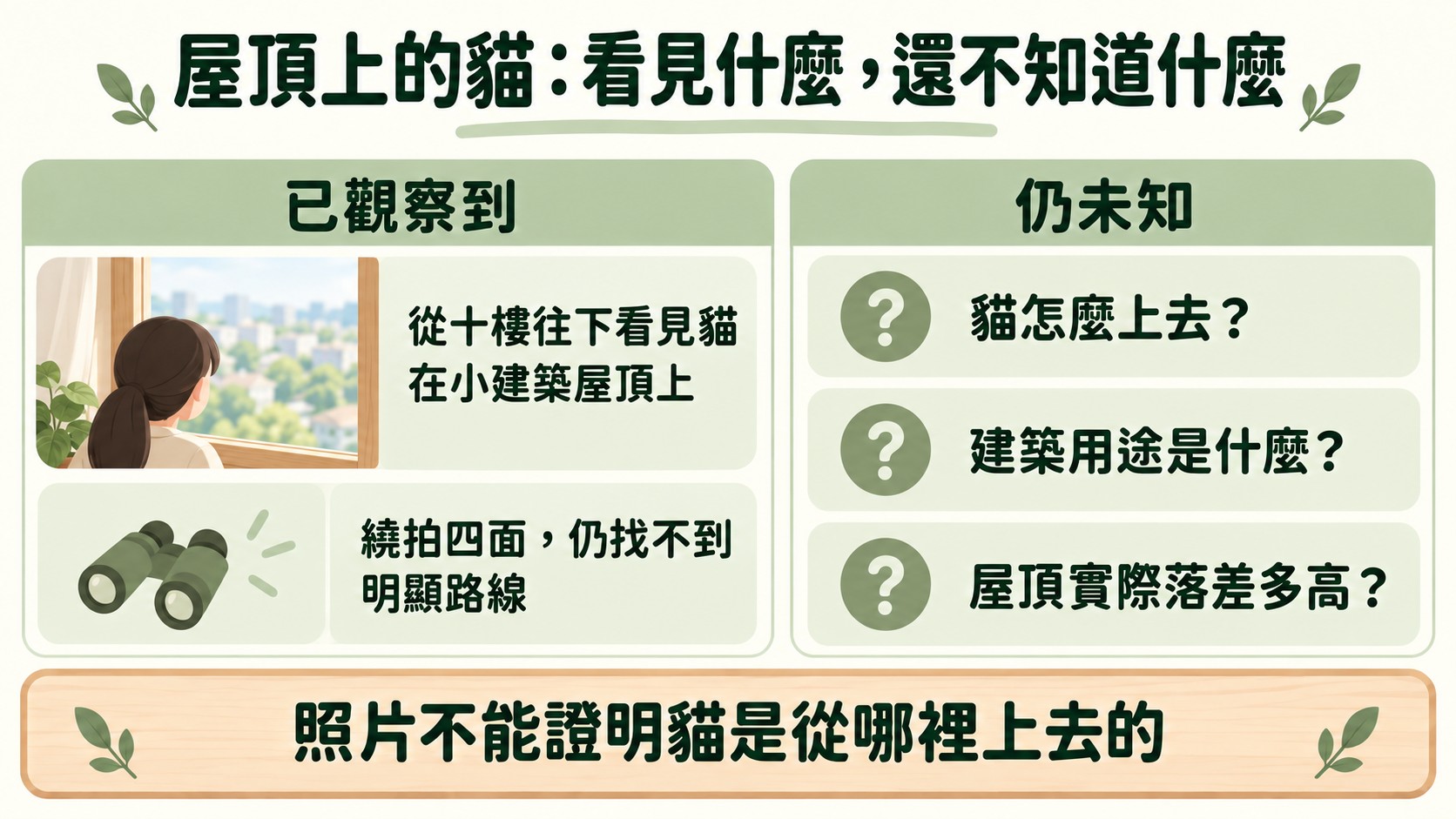 判斷卡：屋頂上的貓。已觀察到從十樓往下看見貓在小建築屋頂上、繞拍四面仍找不到明顯路線；仍未知貓怎麼上去、建築用途與屋頂落差；照片不能證明貓是從哪裡上去的
