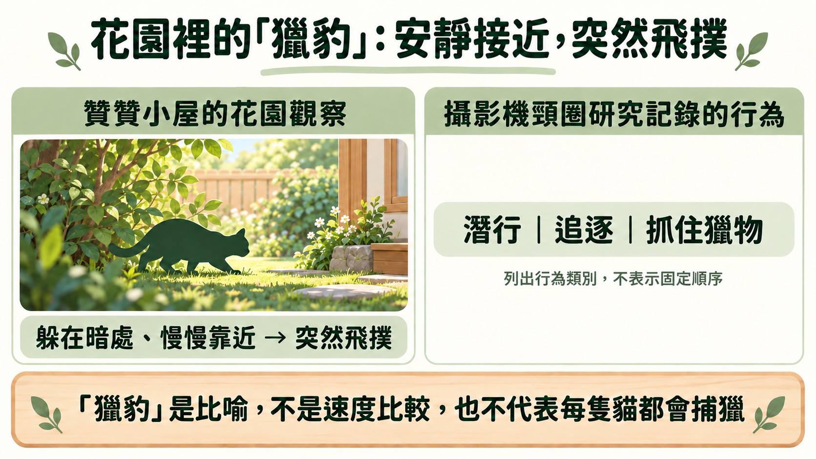 體驗整理卡：花園裡的獵豹。贊贊小屋的花園觀察是躲在暗處、慢慢靠近後突然飛撲；攝影機頸圈研究記錄的行為類別為潛行、追逐、抓住獵物，不表示固定順序；獵豹是比喻，不是速度比較
