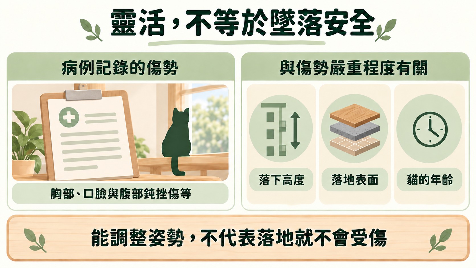 判斷卡：靈活，不等於墜落安全。病例記錄的傷勢有胸部、口臉與腹部鈍挫傷等，與傷勢嚴重程度有關的因素是落下高度、落地表面與貓的年齡；能調整姿勢不代表落地就不會受傷