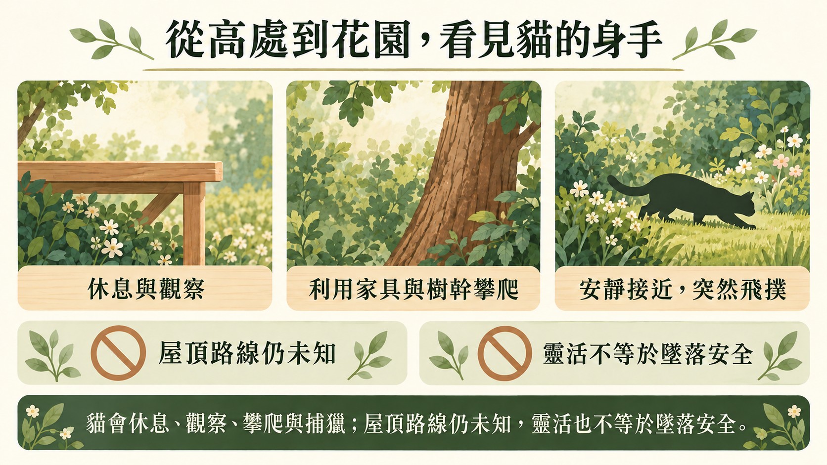 總結卡:從高處到花園,看見貓的身手。休息與觀察、利用家具與樹幹攀爬、安靜接近突然飛撲;屋頂路線仍未知,靈活也不等於墜落安全