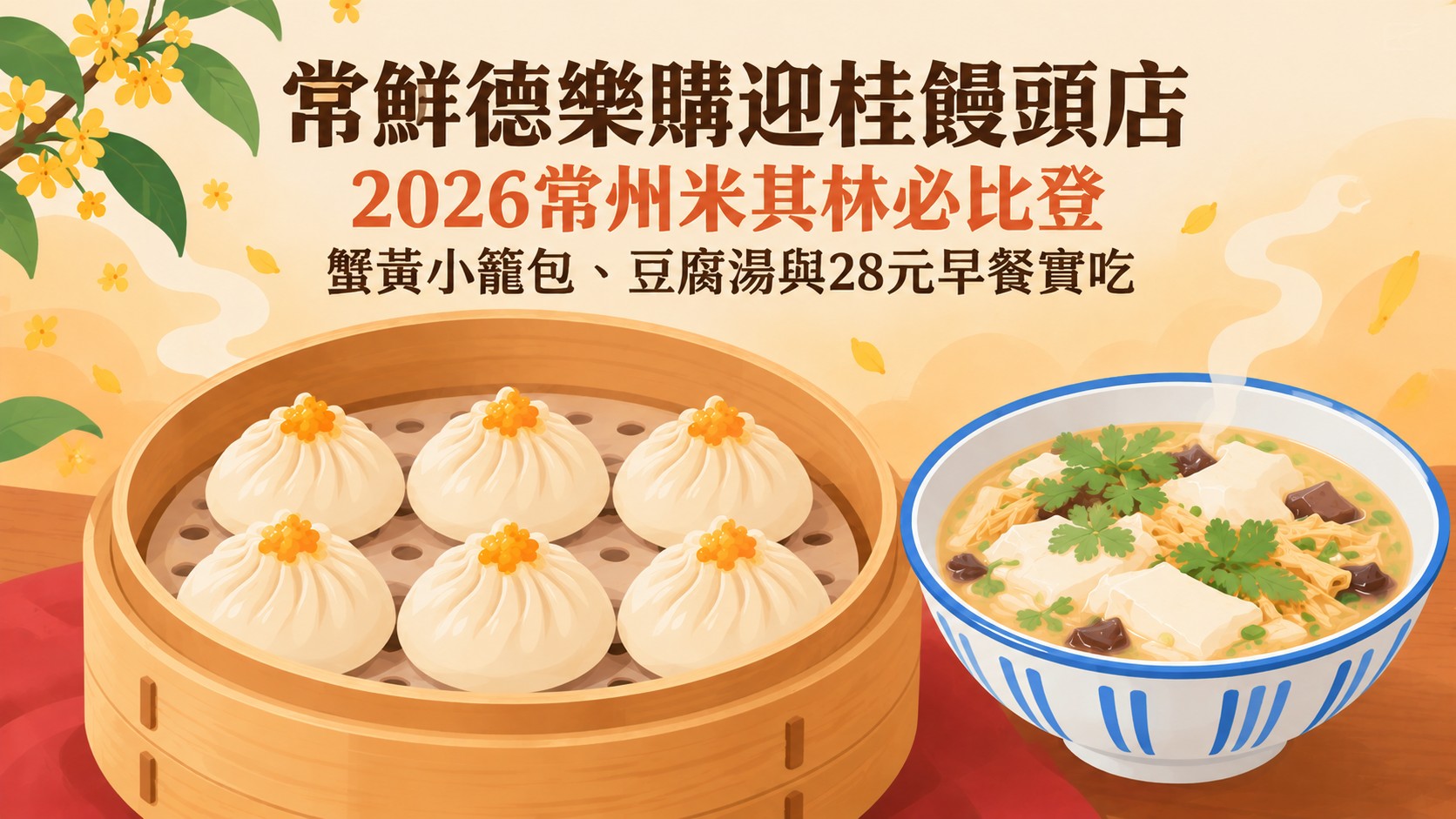 常鮮德樂購迎桂饅頭店特色圖：蒸籠中六顆頂端點綴橘黃蟹黃的小籠包與一碗豆腐湯，標題為「常鮮德樂購迎桂饅頭店」「2026常州米其林必比登」「蟹黃小籠包、豆腐湯與28元早餐實吃」