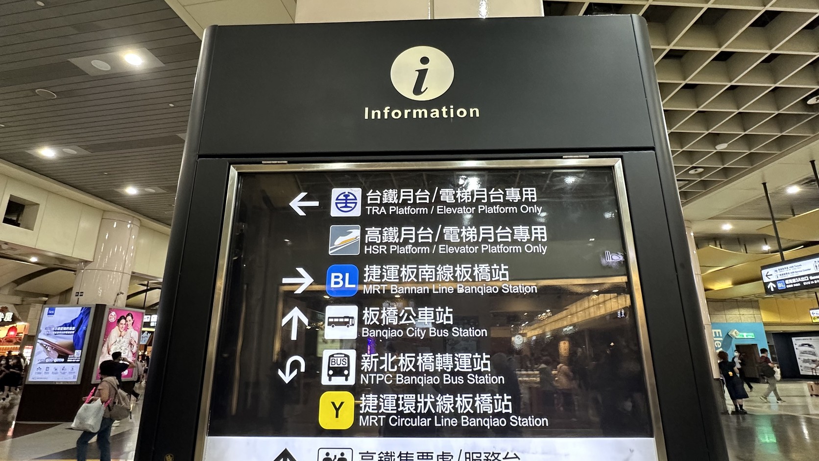 板橋車站內的交通指標，指向臺鐵、高鐵、捷運板南線與環狀線