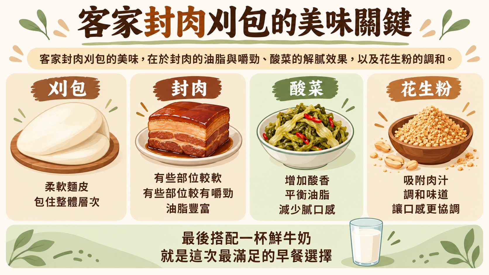 口味整理卡：客家封肉刈包的刈包、封肉、酸菜與花生粉各自的味道角色