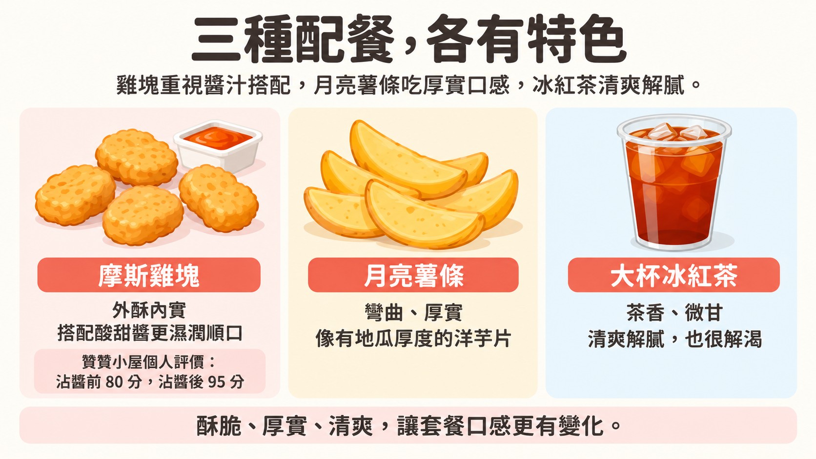 口味比較卡：摩斯雞塊、月亮薯條與大杯冰紅茶的口感特色，雞塊沾酸甜醬後個人評價由80分提高到95分