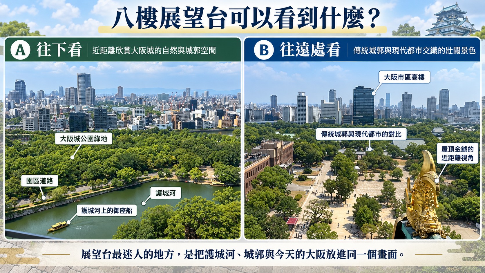 八樓展望台觀景整理卡：往下看護城河、公園綠地、園區道路與護城河上的御座船，往遠處看大阪市區高樓與屋頂金鯱