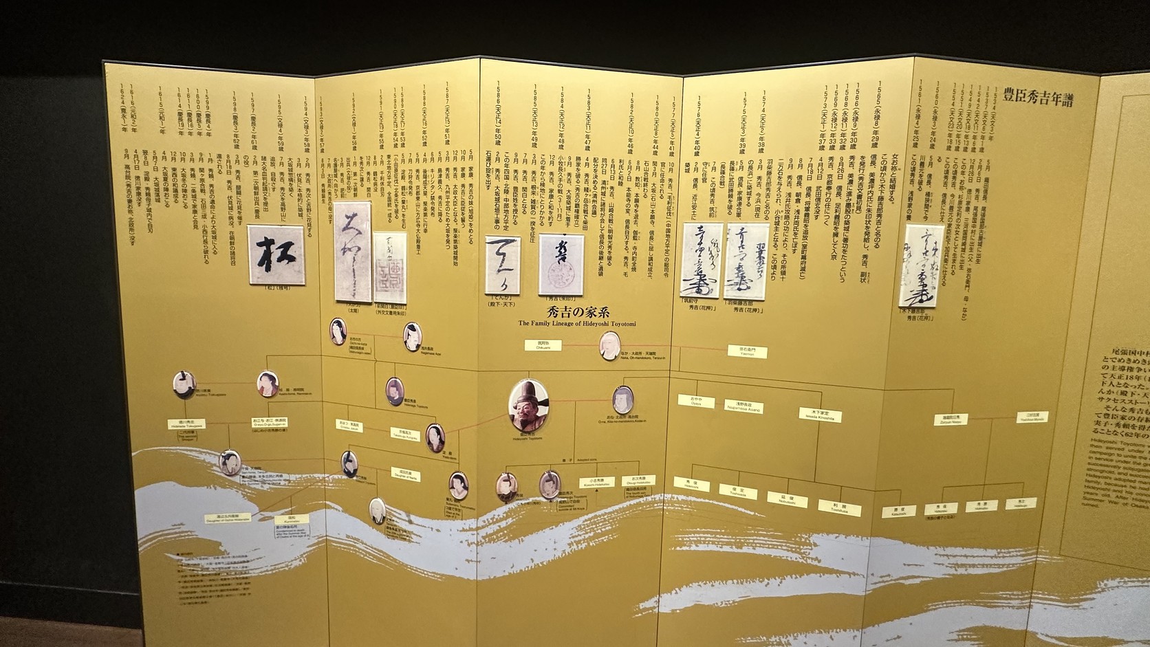 七樓的豐臣秀吉年譜與秀吉の家系展板，金色屏風上整理著年表與家族關係圖