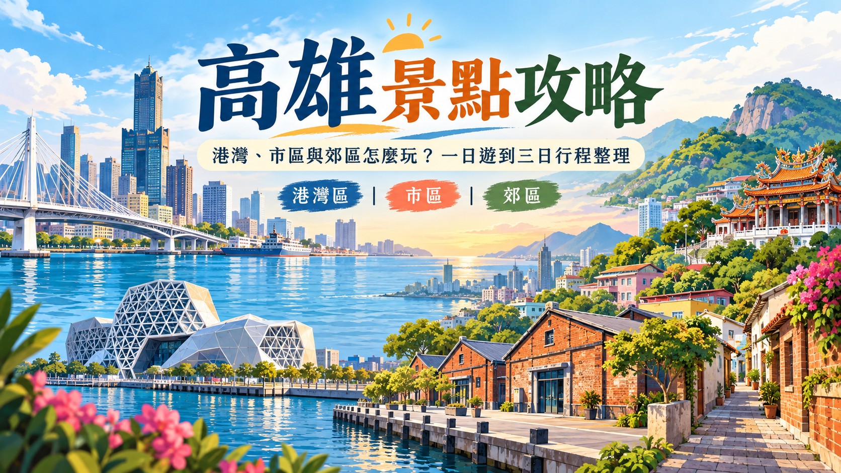 高雄景點攻略特色圖：高雄港灣的大港橋、高雄流行音樂中心、紅磚倉庫與山城景色插畫，標題為「高雄景點攻略」，副標為「港灣、市區與郊區怎麼玩？一日遊到三日行程整理」