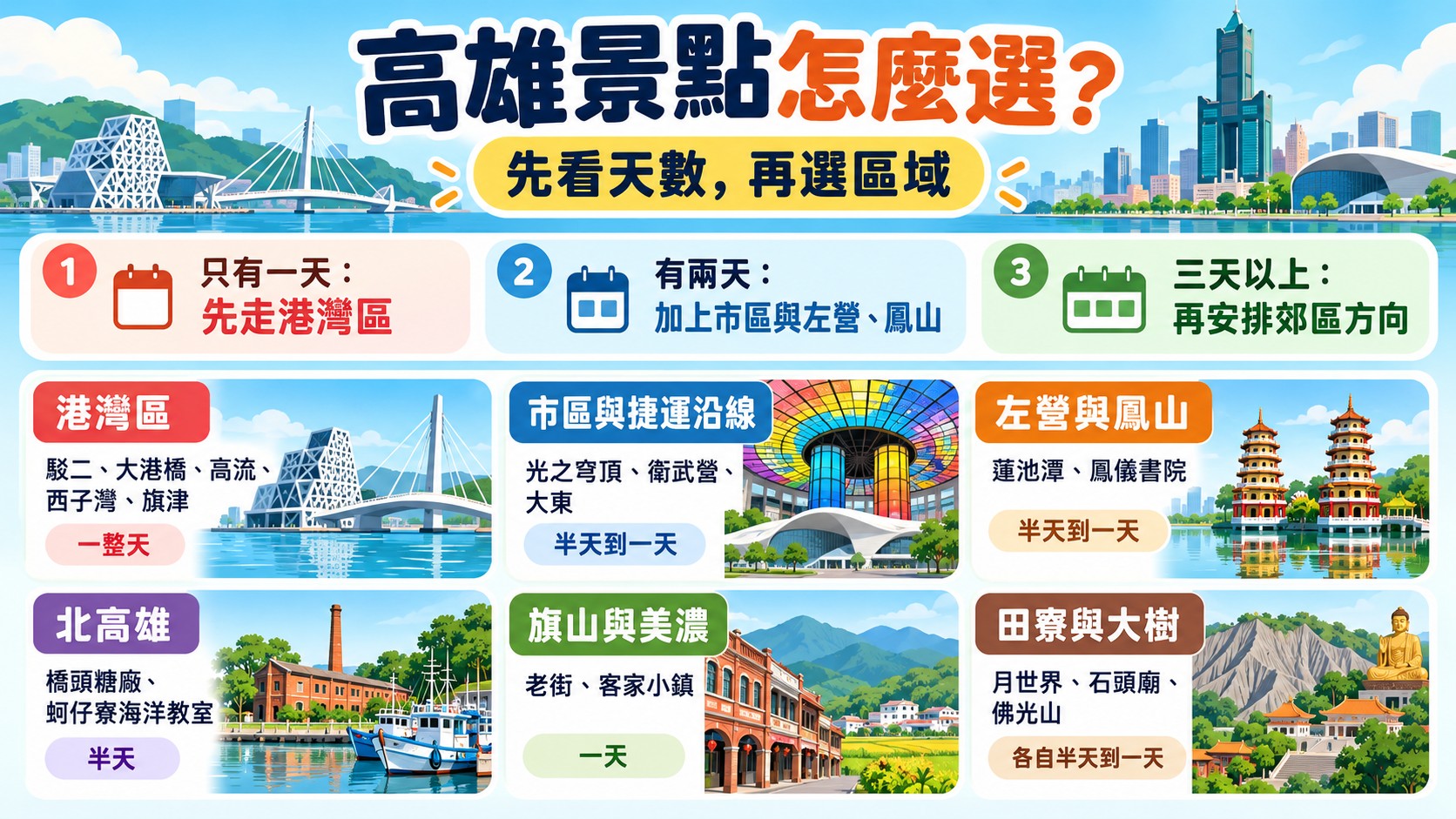高雄景點怎麼選判斷卡：先看天數再選區域，列出六個區域的代表景點與建議停留時間