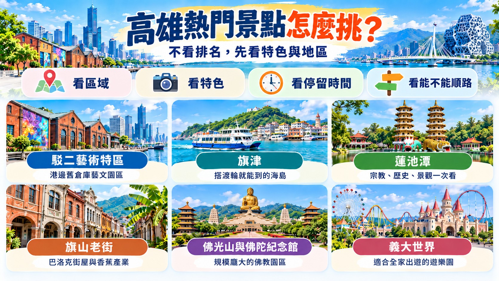高雄熱門景點怎麼挑比較卡：不看排名，依特色與地區比較駁二、旗津、蓮池潭、旗山老街、佛光山與義大世界