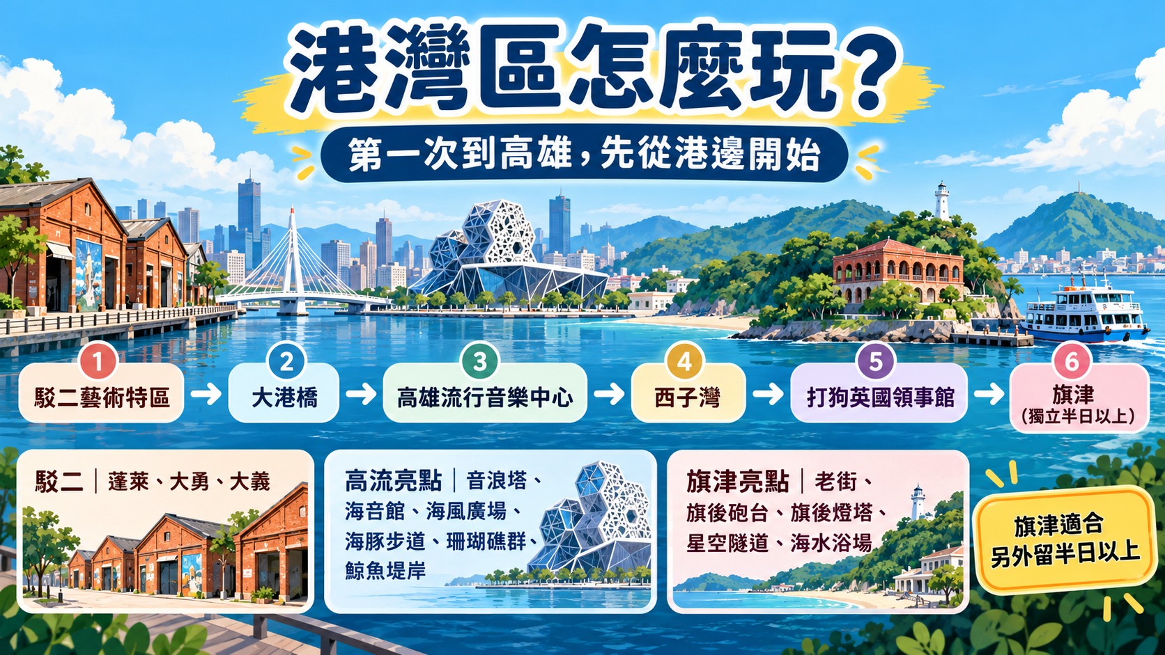 港灣區怎麼玩路線卡：駁二、大港橋、高雄流行音樂中心、西子灣、打狗英國領事館，旗津另留半日以上
