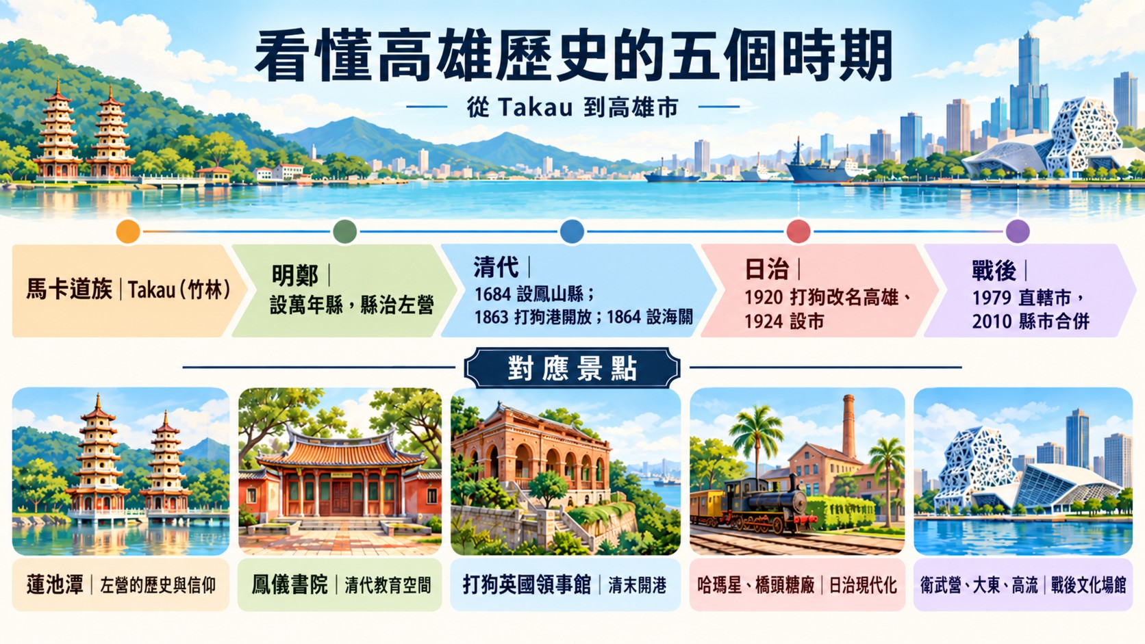 看懂高雄歷史的五個時期知識卡：從馬卡道族、明鄭、清代、日治到戰後，對應蓮池潭、鳳儀書院、打狗英國領事館等景點