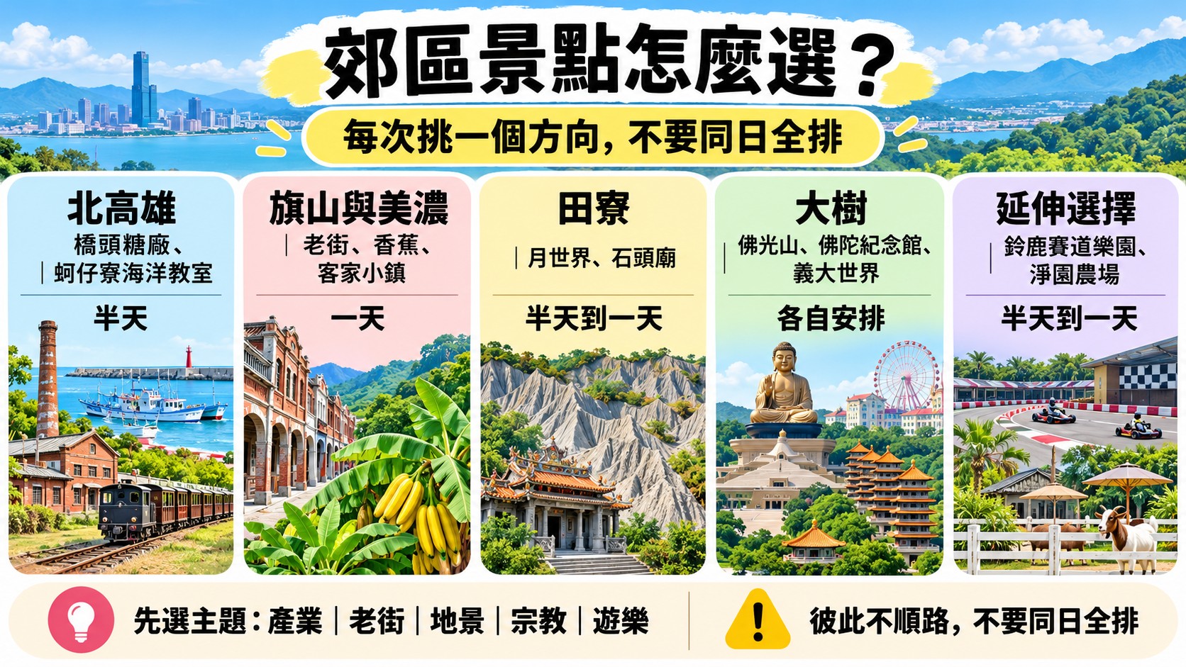 郊區景點怎麼選判斷卡：北高雄、旗山與美濃、田寮、大樹與延伸選擇，每次挑一個方向，不要同日全排