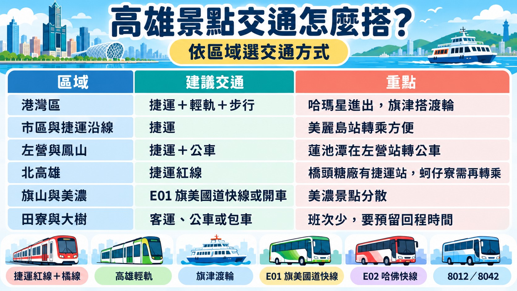 高雄景點交通怎麼搭比較卡：依區域對照捷運、輕軌、渡輪、客運與公車等交通方式
