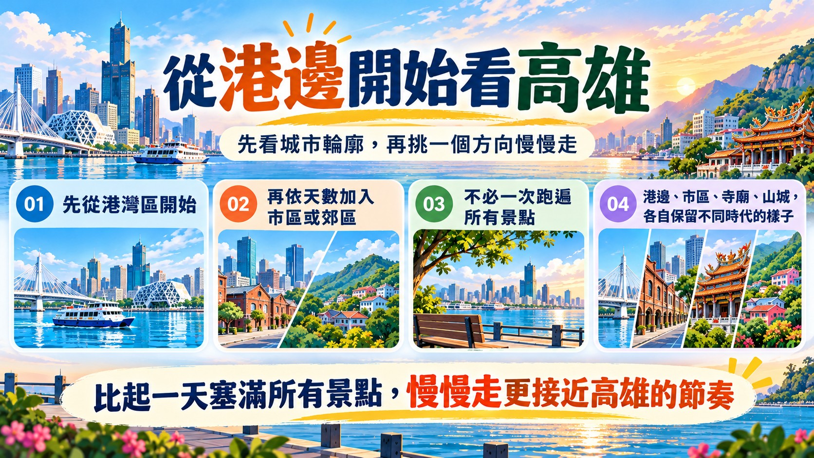 從港邊開始看高雄總結卡:先從港灣區開始,再依天數加入市區或郊區,慢慢走更接近高雄的節奏