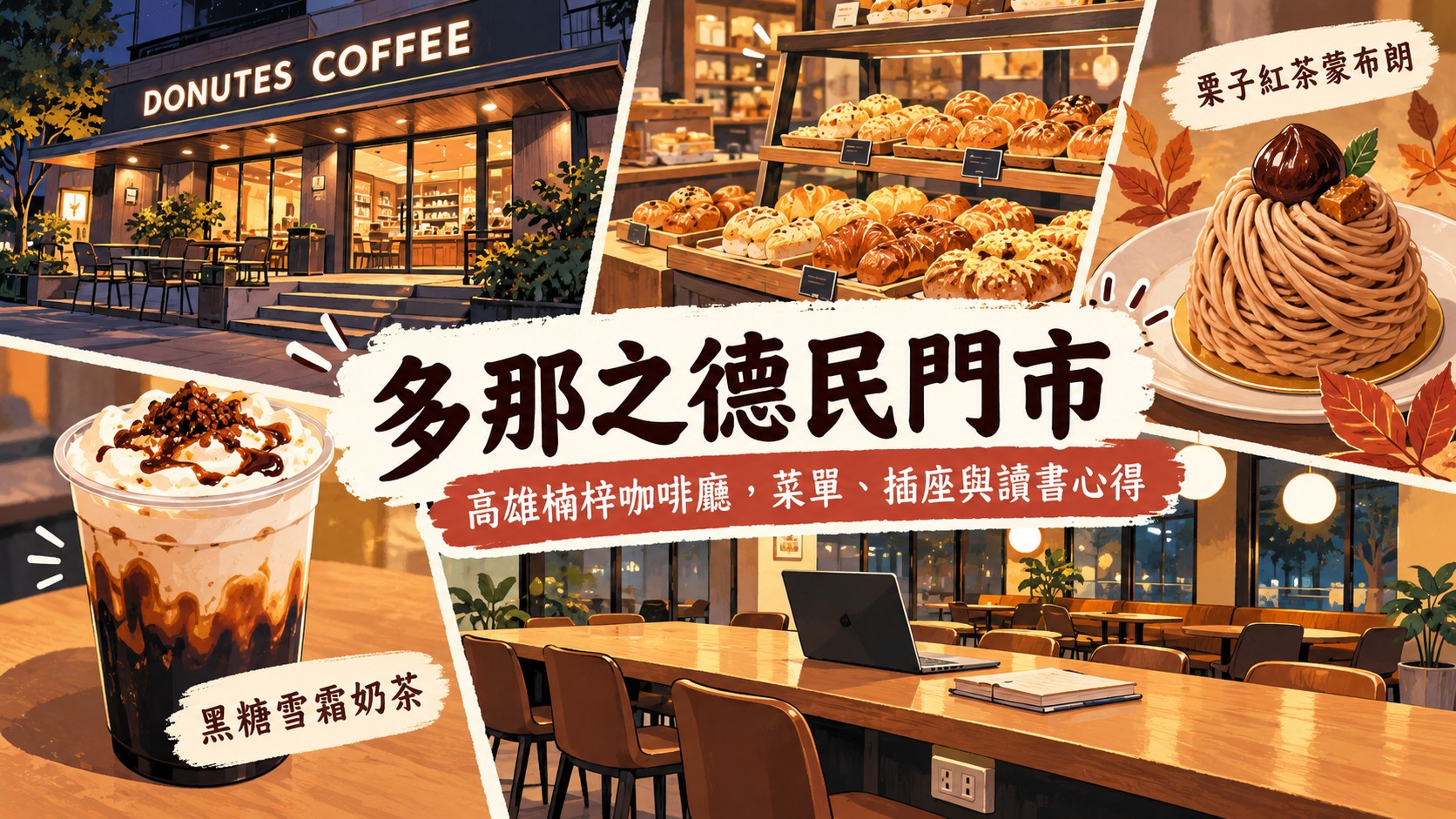 多那之德民門市特色圖：夜間店面、麵包展示架、栗子紅茶蒙布朗、黑糖雪霜奶茶與長桌筆電的插畫拼貼，標題為「多那之德民門市」，副標為「高雄楠梓咖啡廳，菜單、插座與讀書心得」