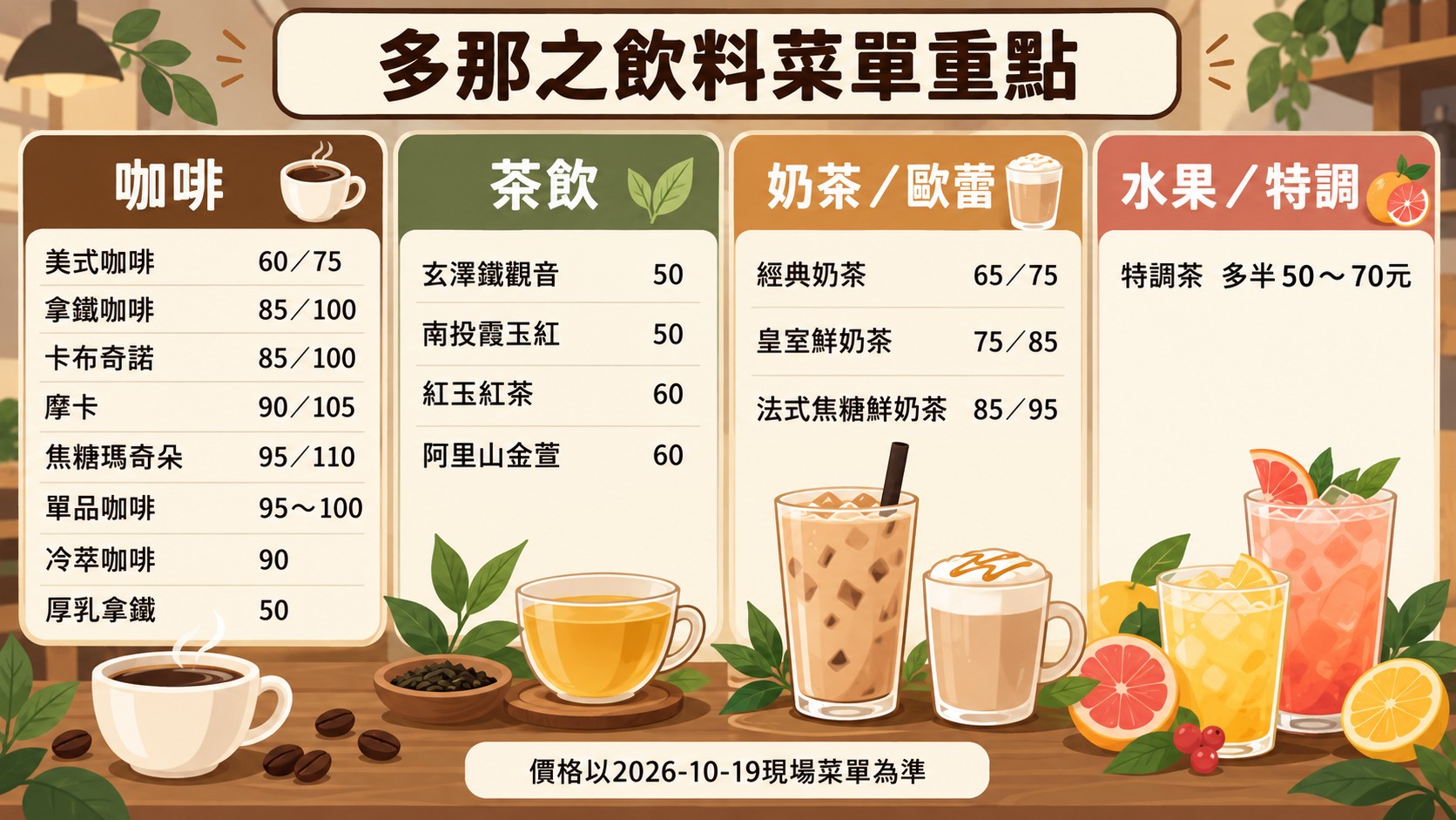 菜單比較卡：多那之飲料菜單重點，整理咖啡、茶飲、奶茶歐蕾與水果特調的代表價格