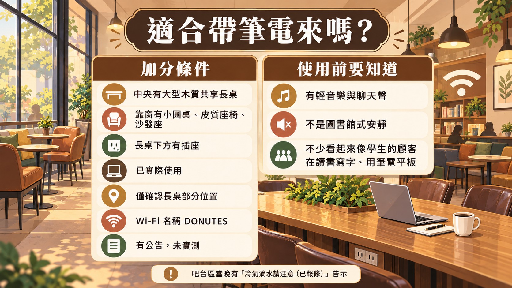 使用情境判斷卡：適合帶筆電來嗎？整理長桌、插座、Wi-Fi、輕音樂聊天聲與當晚吧台滴水告示