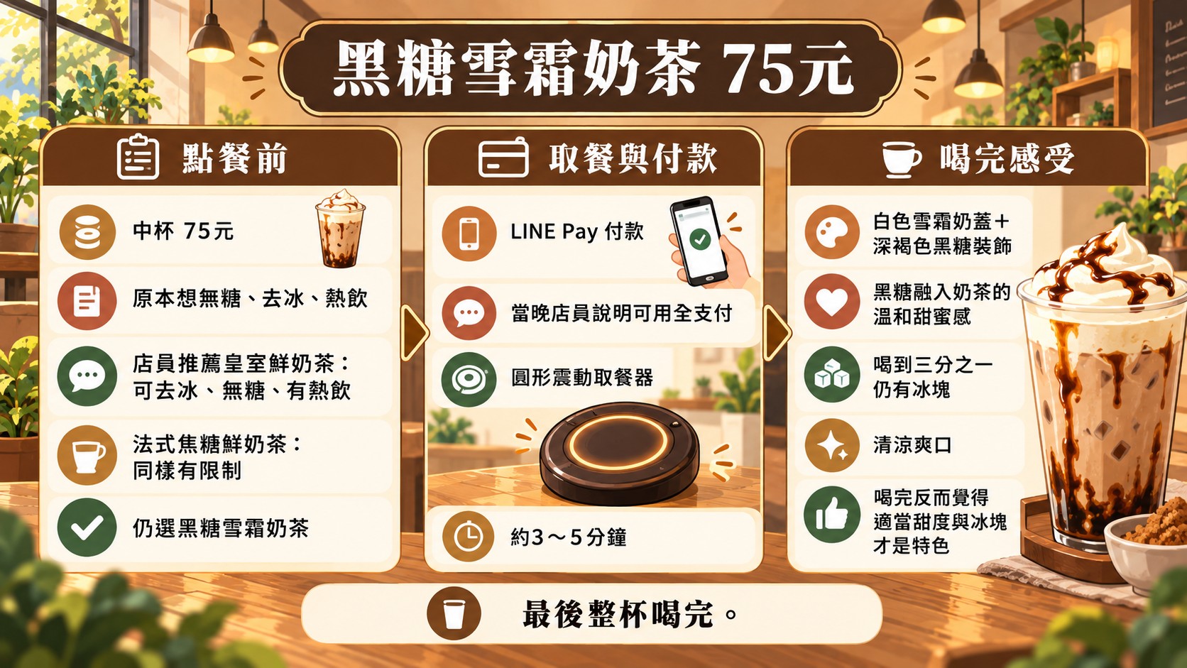 口味體驗整理卡：黑糖雪霜奶茶75元，整理點餐前、取餐與付款、喝完感受三段