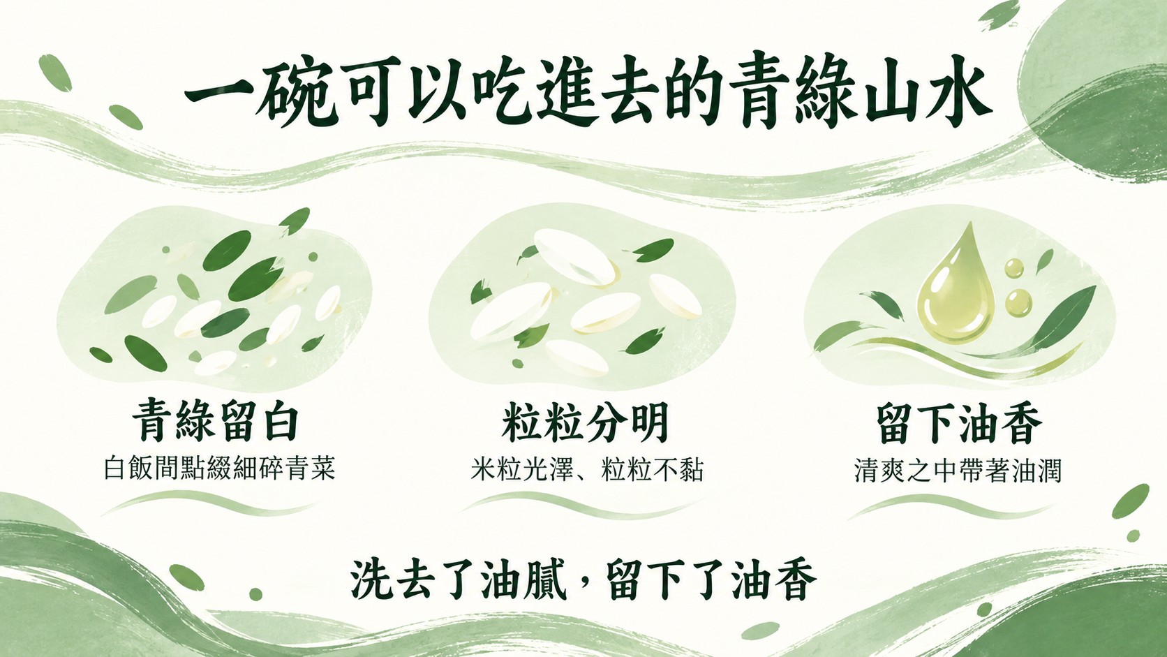 口味整理卡：一碗可以吃進去的青綠山水，青綠留白、粒粒分明、留下油香