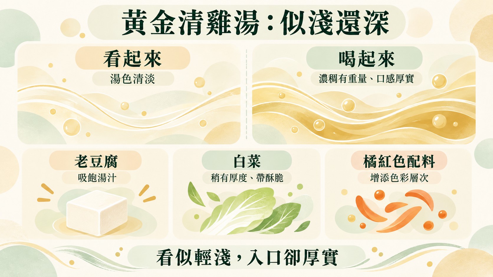 口味整理卡：黃金清雞湯似淺還深，看起來湯色清淡、喝起來濃稠厚實，老豆腐吸飽湯汁、白菜稍有厚度帶酥脆