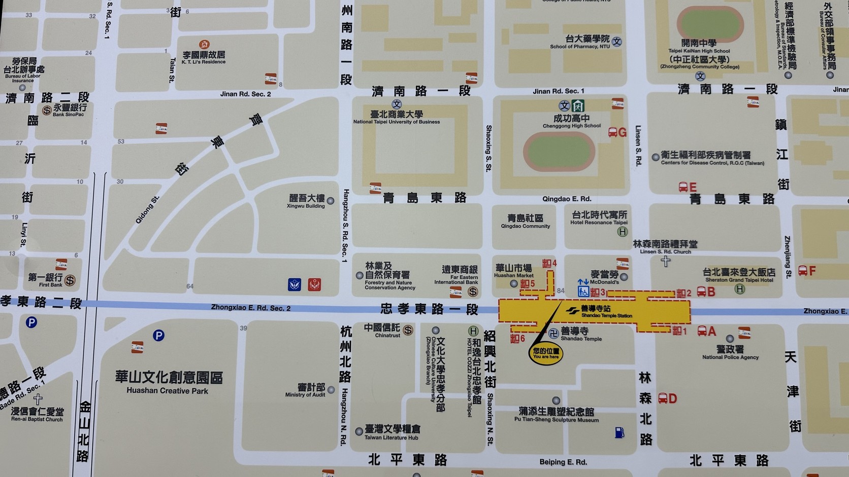 善導寺站周邊地圖：站內公共地圖標示您的位置與各號出口，周邊有忠孝東路、杭州南路與濟南路